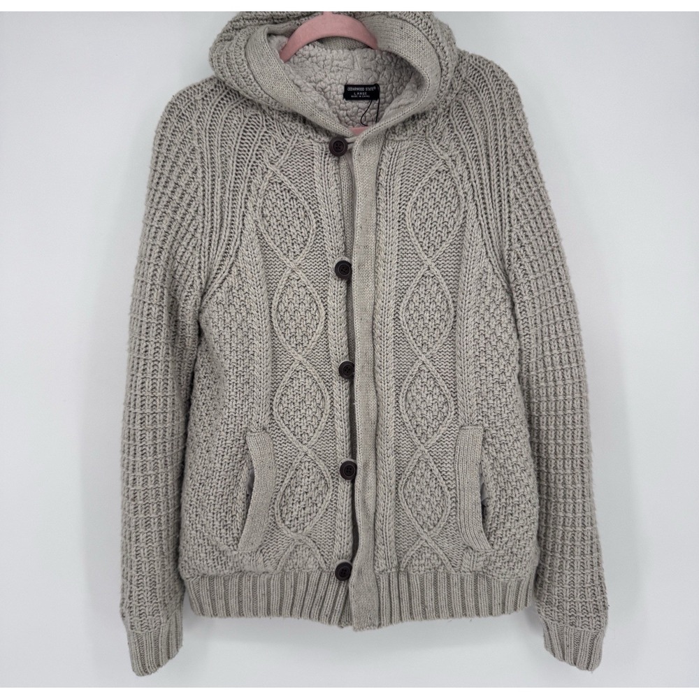 Cedarwood State Mens Large Cable Knit Sherpa Hooded Cardigan Sweater Beige